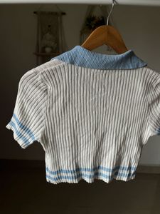 White &amp; Blue Knitted  Polo Crop Top