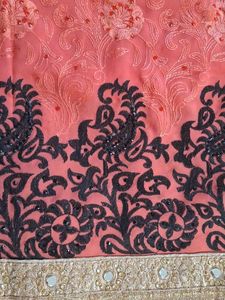 Peach &amp; Black Embroidered Saree