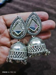 ✨ Oxidised Silver Mirror Work Jhumka Earrings ✨