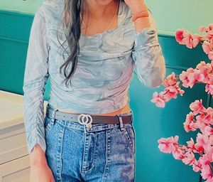 Marble Print Mesh Long Sleeve Top