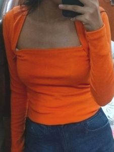 Orange Square Neck Long Sleeve Top