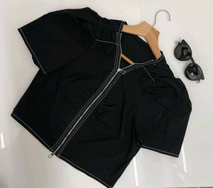 Black Zip-Front Puff Sleeve Top
