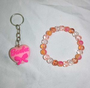 Barbie Keychain & pink orange beaded Bracelet