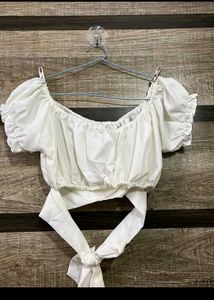 White Off-Shoulder Tie Top