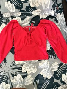 Red Smocked Off-Shoulder Top