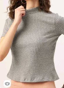 DressBerry Women Grey Melange Ribbed High Neck T-s