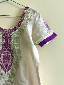 Embroidery White Purple Kurta
