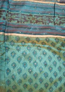 Green Printed Saree - Stone Work & Golden Border
