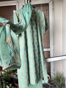 Sea Green &amp; Gold Printed 3 Piece Suit