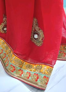 Designer Orange &amp; Red Saree With Blause❤️🧡