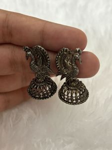 Peacock Silver Oxidized Jhumka Earrings