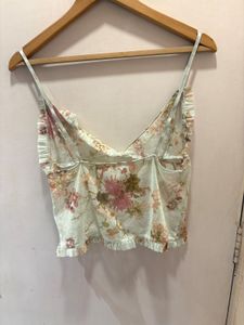 Beautiful Floral Ruffle Trim Mesh Top