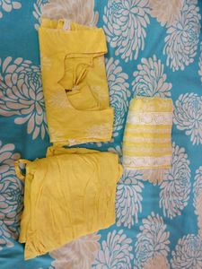 Pure Cotton Yellow Colour XXL Size Half Sleeve Salwar Kameez Set With Slightly Heavy Suta Work Cotton Dupatta