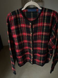 KAREN SCOTT RED CHECKED CARDIGAN