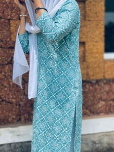 Elegant Aqua &amp; White Printed Kurti Set
