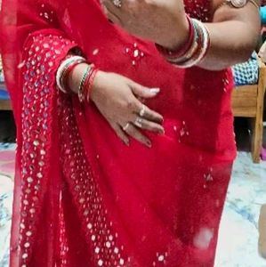 Red Mirror Work Saree