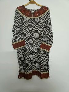 Brown&OffWhite Geometric Print Kurti , Embroidery