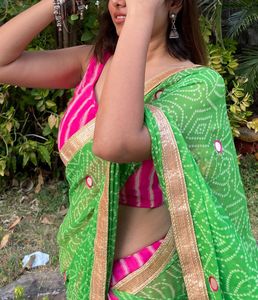 Chic Pink and Green Leheriya Saree with Blouse