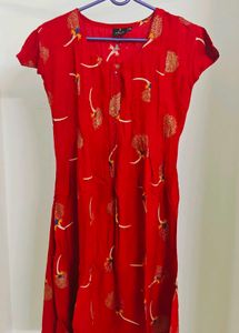 Red A-line Kurta | Stone Design At Center