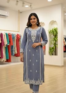 Elegant Gray Embroidered Kurti Set