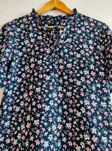 Floral Blue Ruffle Neck Top