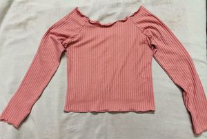 Pink Ribbed Boat Neck Long Sleeve Top