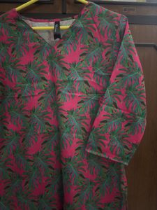 Pink Leaf Print V-Neck Tunic Kurta Top