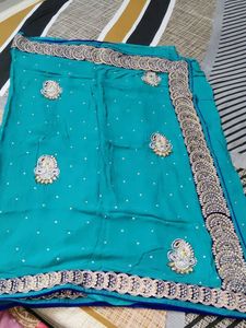 Teal &amp; Silver Embroidered Saree