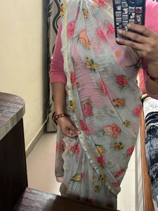 flowers print off silver saree with blouse