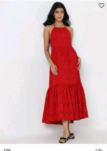 LOV Red Schiffli Detailed Cotton Tiered Dress