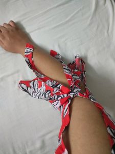 Branded Red Floral Top With Tie Up Sleeves