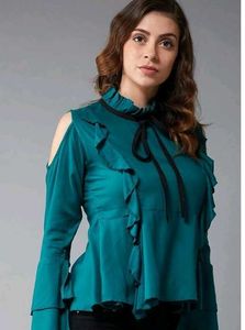 💚Teal Ruffle Cold Shoulder Top