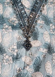 New Blue Unstitched Cotton V Neck  Dress Material
