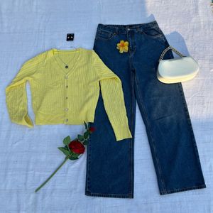 Outfit Set - Yellow Cardigan &amp; Wide Leg Jeans