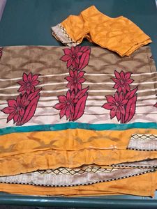 Organic Cotton Saree WITH Stitched Blouse For Wome