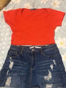 Orange Top &amp; Distressed Denim Skirt
