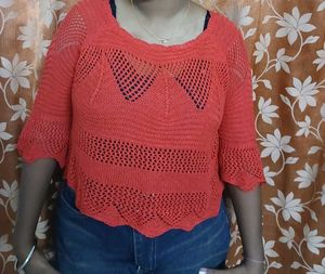 Red Knitted Sweater Top (Crochet Style)