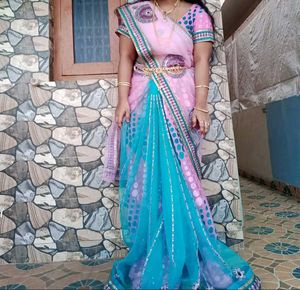 1 Minute Saree Elegant Pink &amp; Blue Sare