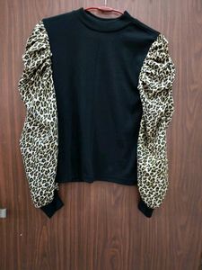 Black Top with Leopard Print Puff Sleeves