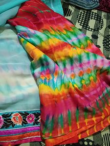 Cyan And Multi Colour Saree Without Blouse