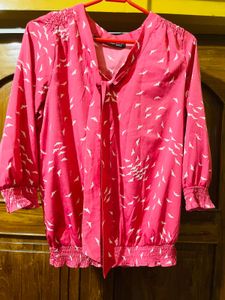 Pink Bird Print Tie Neck Top