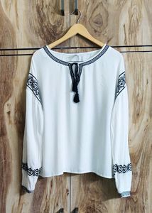 Boho Embroidered Tassel Blouse