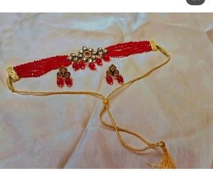 Red Kundan Choker Set With Earring