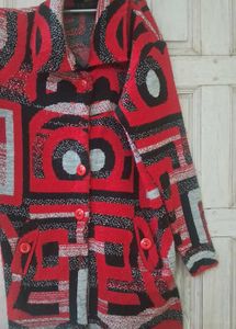 Red Patterned Button-Down Long Sweater coat