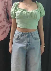 Green Puff Sleeve Crop Top