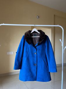 Blue Wool Blend Coat w/ Faux Fur
