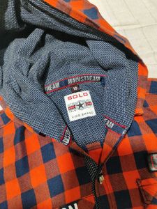 Orange &amp; Navy Plaid Hooded Shirt