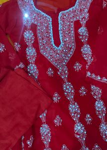 Red Chikankari Kurti With Mirror Work