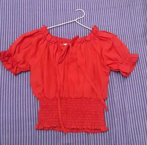 Red Smocked Peasant Top