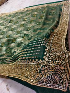 Green &amp; Gold Embellished Saree